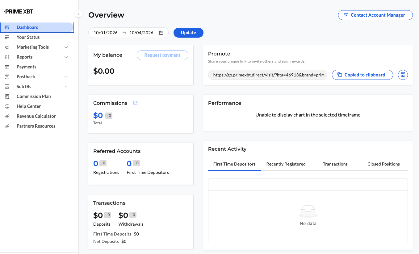PrimeXBT partner dashboard overview — balance, commissions, referred accounts, transactions and recent activity