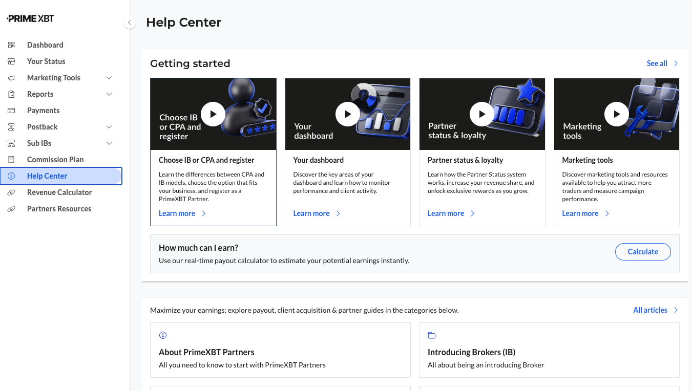 PrimeXBT partner Help Center with Getting Started video tutorials, revenue calculator and partner guides