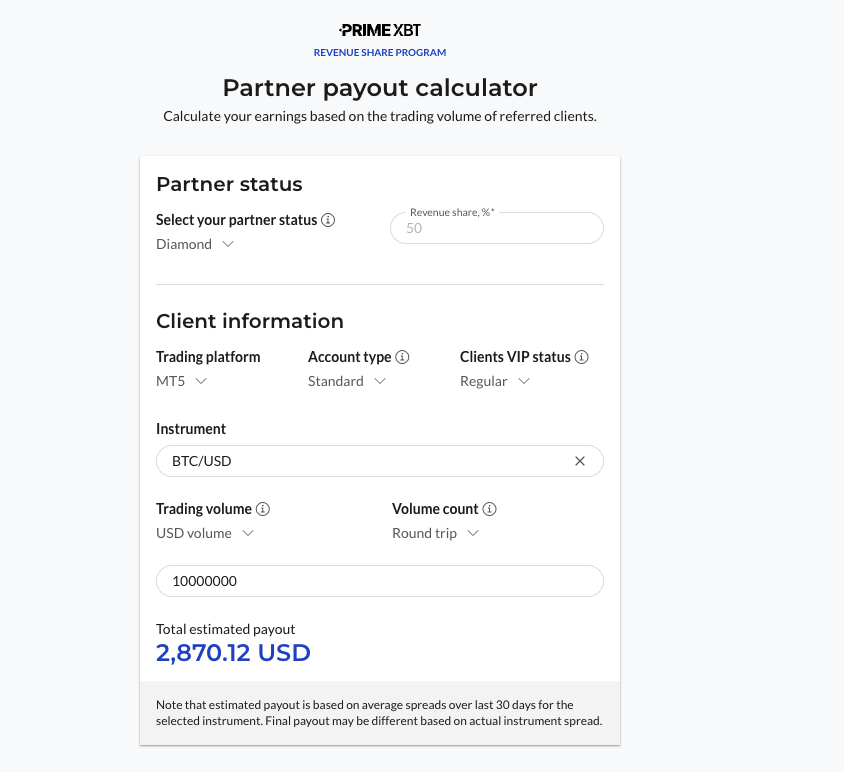 PrimeXBT Partner payout calculator — select status, platform, instrument, trading volume and see estimated payout