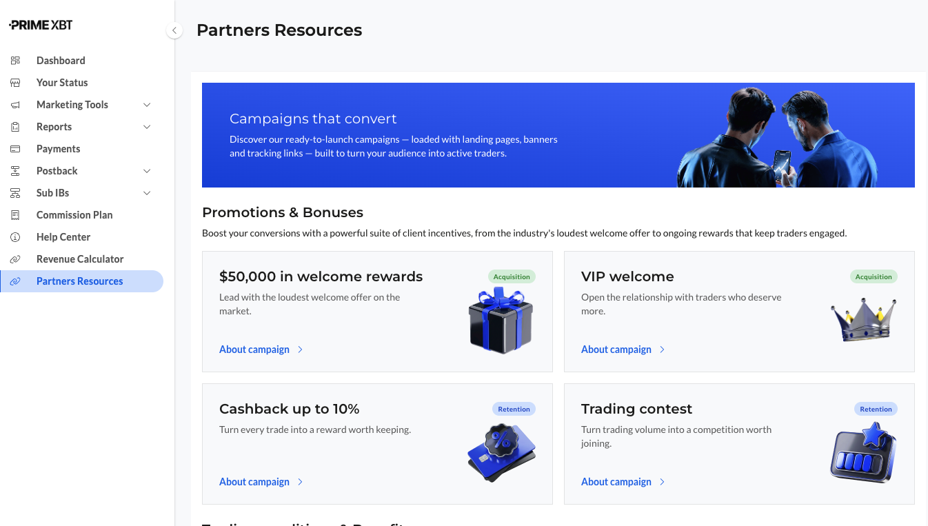 PrimeXBT Partners Resources page showing Campaigns that convert, $50,000 welcome rewards, VIP welcome, Cashback and Trading contest