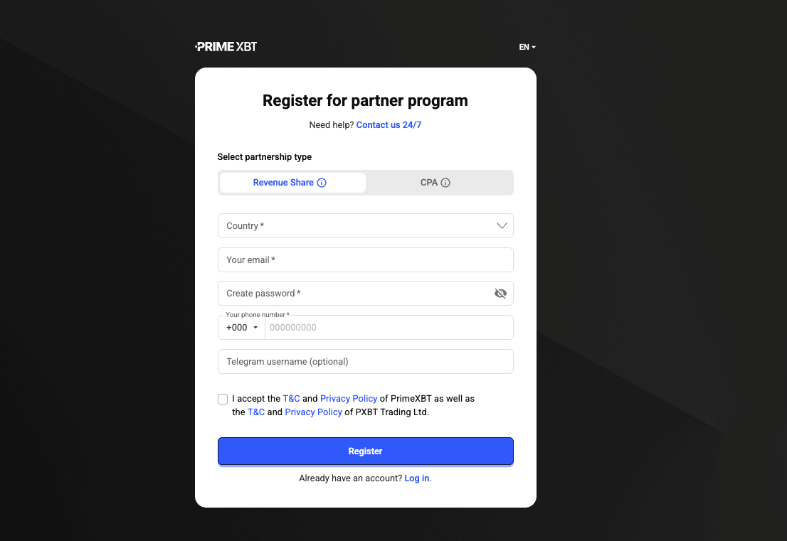 PrimeXBT partner registration page showing the Revenue Share / CPA toggle, country, email, password, phone and Telegram fields