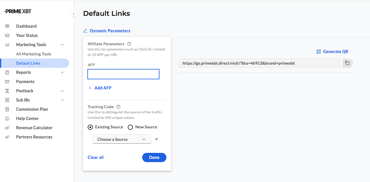 PrimeXBT partner Default Links panel — tracking link, AFP parameters, tracking code and Generate QR
