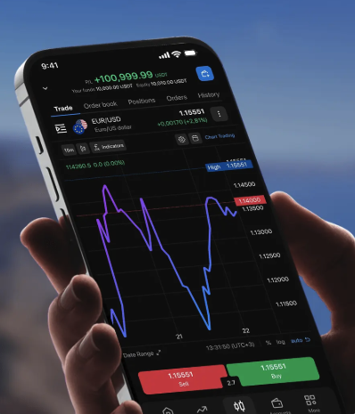 PrimeXBT mobile trading app showing live EUR/USD chart and account balance